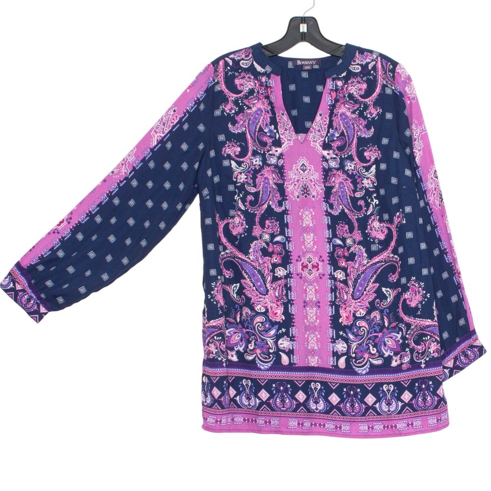 Roamans Top Floral Boho Cottage Retro Folk Romantic Goth Prairie Purple Blue 12W